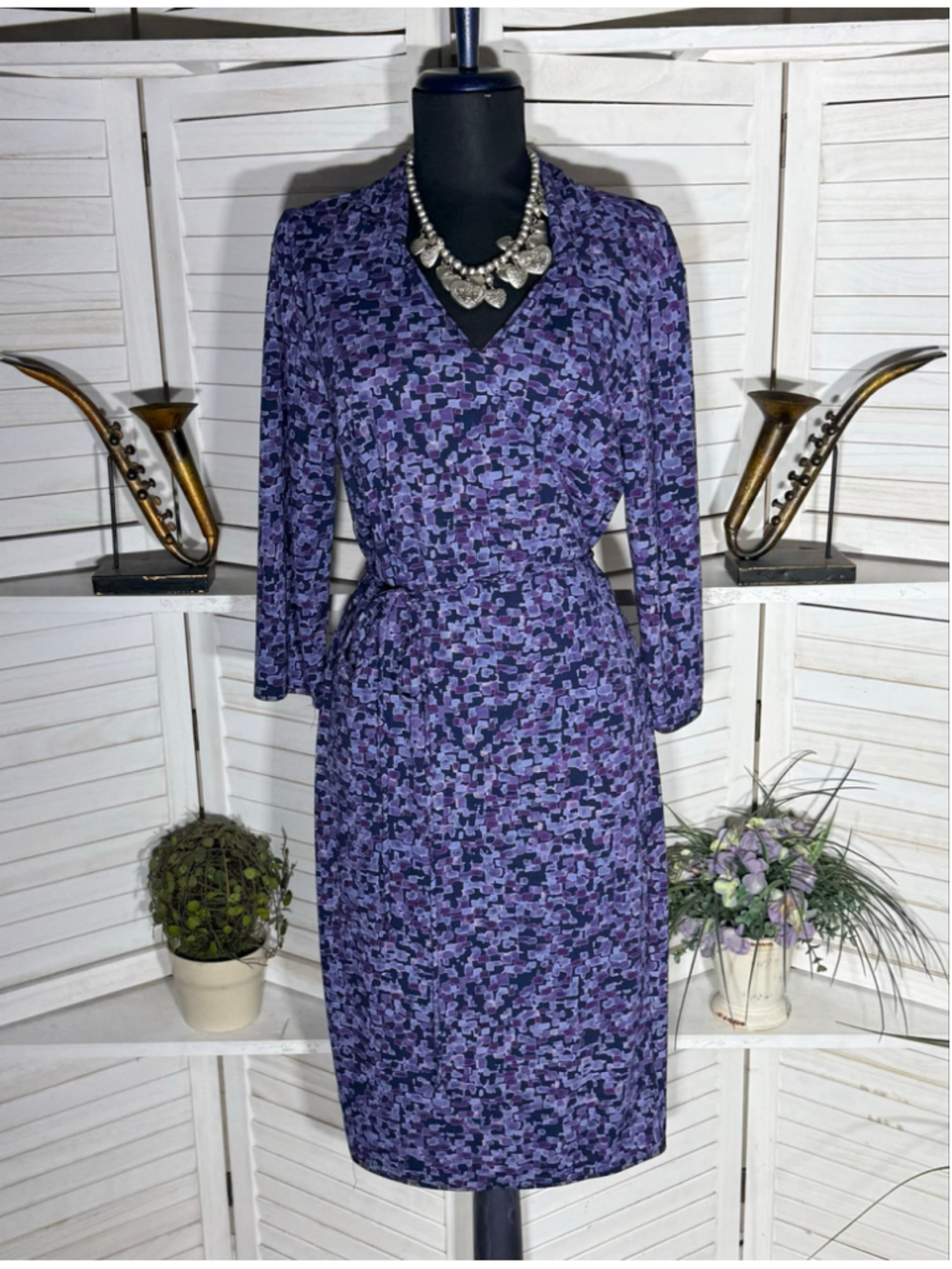 Vintage wrap dress floral purple patchwork 3/4 sleeves whimsigoth boho grunge L